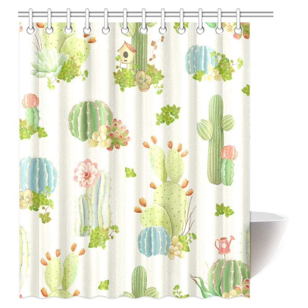 Cactus Decor Shower Curtain, Nature Flowers Cactus and Succulents Plants Art Print Fabric Bathroom Decor Shower Curtain Set with Hooks