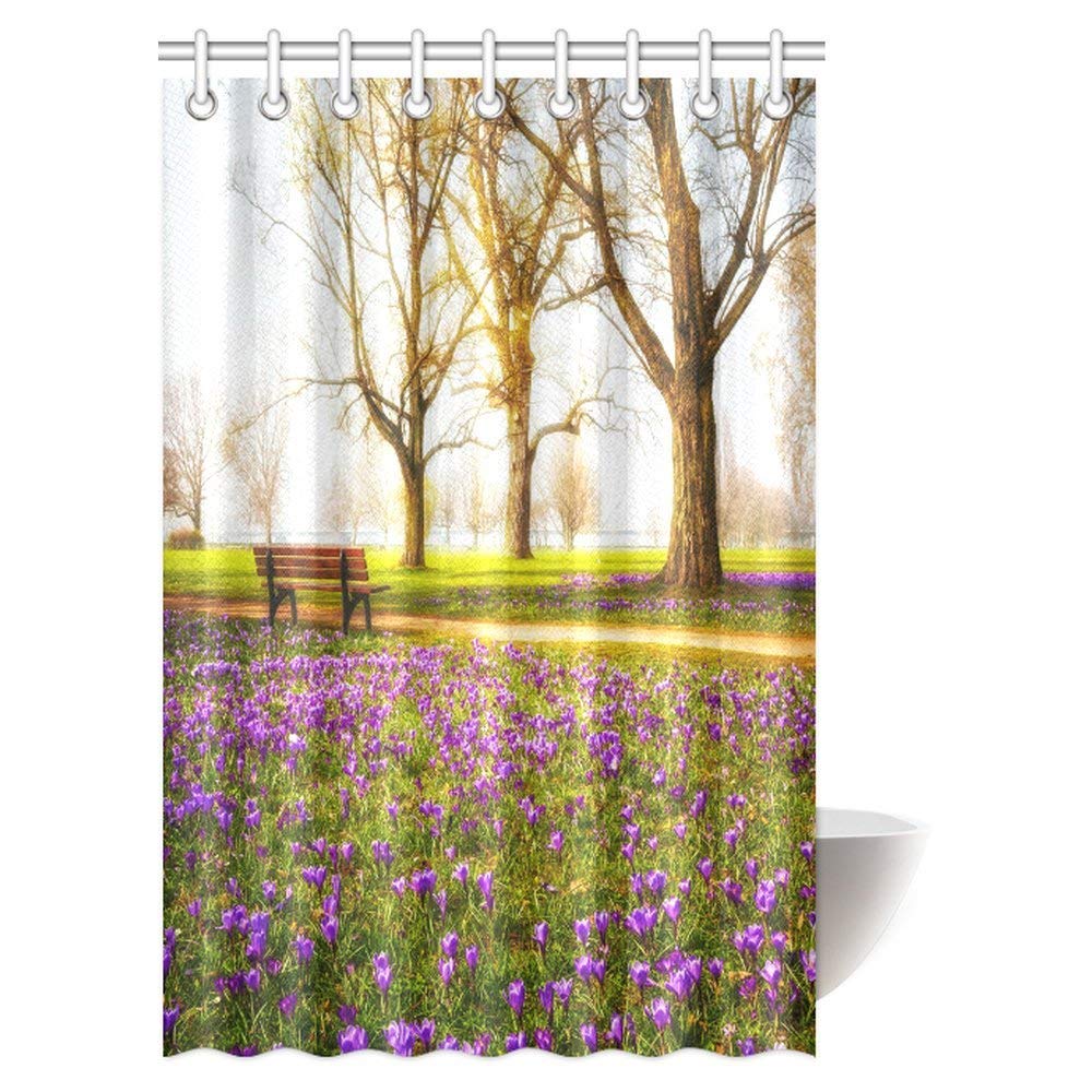 Farm House Shower Curtain, Violet Blooming Crocus Flowers in the Park with Trees and Benches Calm Zone Fabric Bathroom Shower Curtain with Hooks