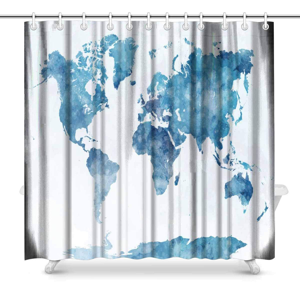 World Map in Watercolor Painting Abstract Splatters Bathroom Decor Shower Curtain Set with Hooks, 72*72 Inches