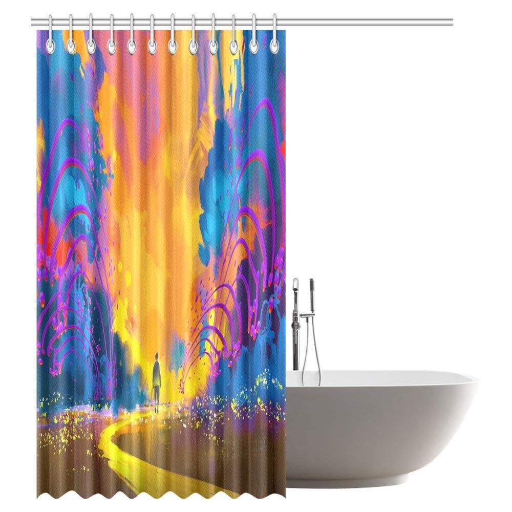 Abstract Home Shower Curtain, Man Walking to Abstract Colorful Landscape Fabric Bathroom Shower Curtain