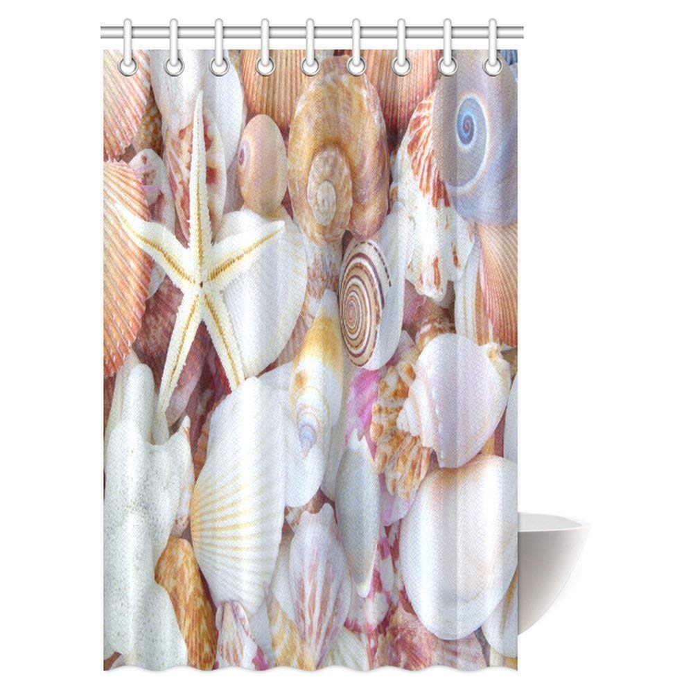 Nautical Theme Collage of Sand Stones Starfishes and Seashells Decor Shower Curtain Set, Coastal Marine Summer Ocean Beach Bathroom Shower Curtain Set with Hooks