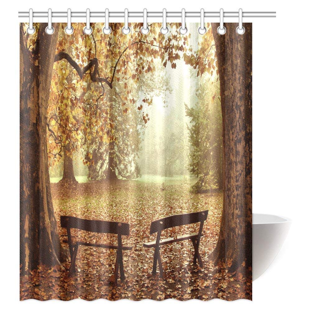 Autumn View of Two Benches under Bright Colored Fall Leaves Freshening Season Print Bathroom Shower Curtain Set with Hooks