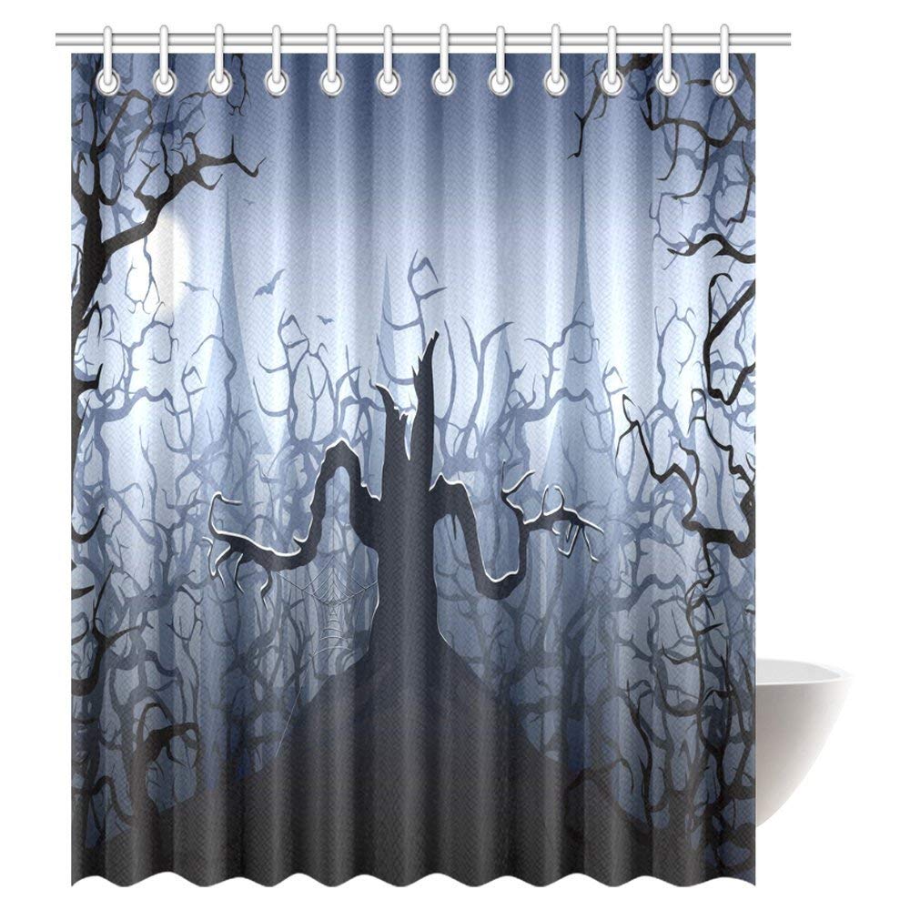 Halloween Decorations Shower Curtain, Wicked Witch in Twilight on High Hill in Dark Night Magic Fiction Fabric Bathroom Shower Curtain with Hooks