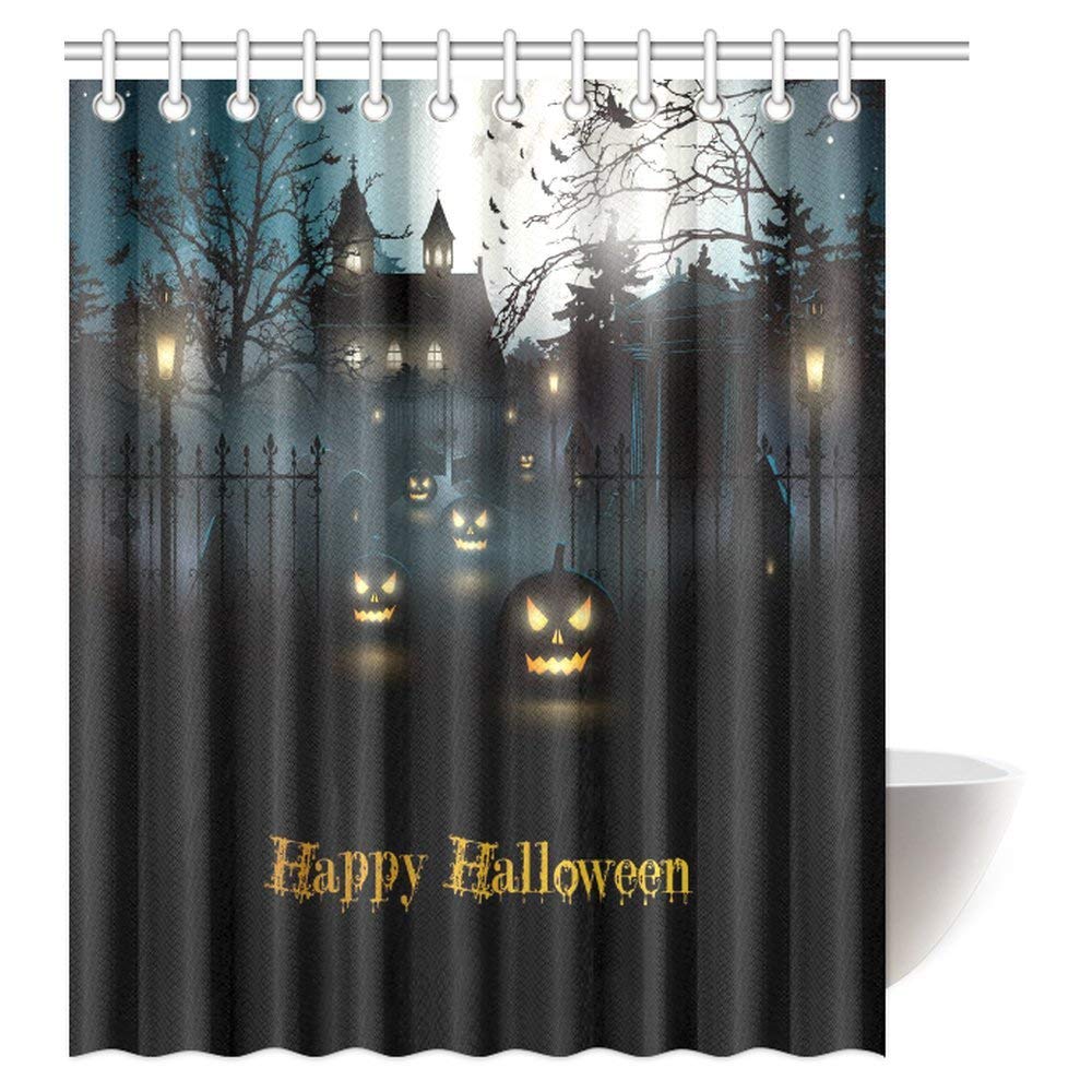 Halloween Decor Collection, Gothic Scene With Halloween Haunted House Party Theme Decor Trick Or Treat For Kids Fabric Bathroom Shower Curtain Set