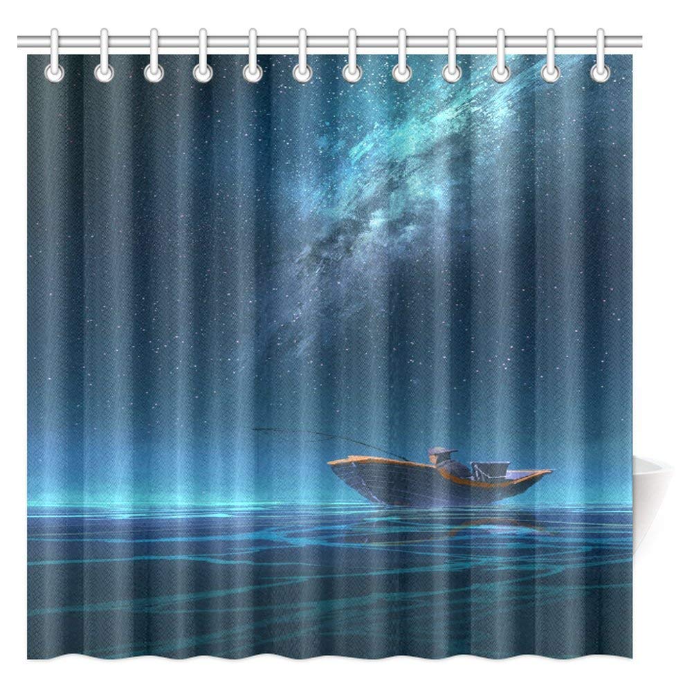 Fantasy Art House Decor Shower Curtain, Fisherman in Boat at Night with Milky Way Nebula Space Star Ocean Fabric Bathroom Shower Curtain