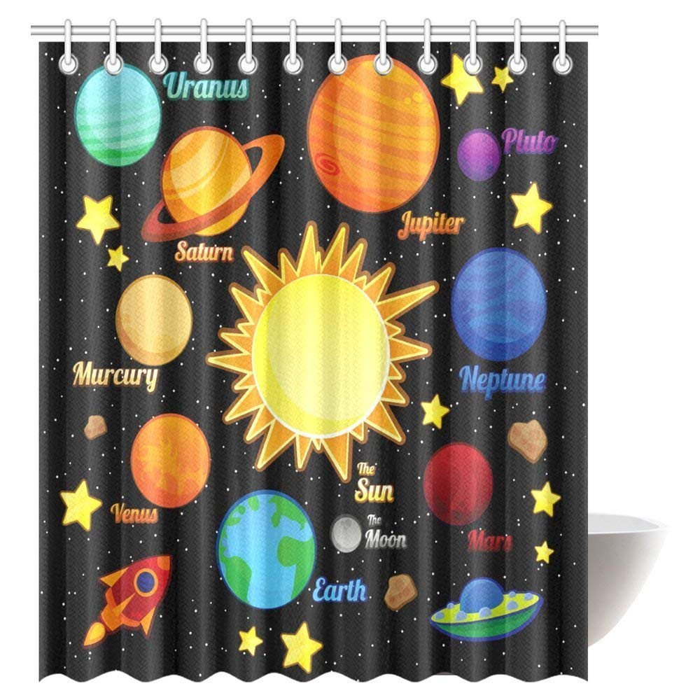 Outer Space Decor Shower Curtain, Solar System of Planets Milk Way Neptune Venus Mercury Sphere Horizontal Bathroom Shower Curtain Set with Hooks