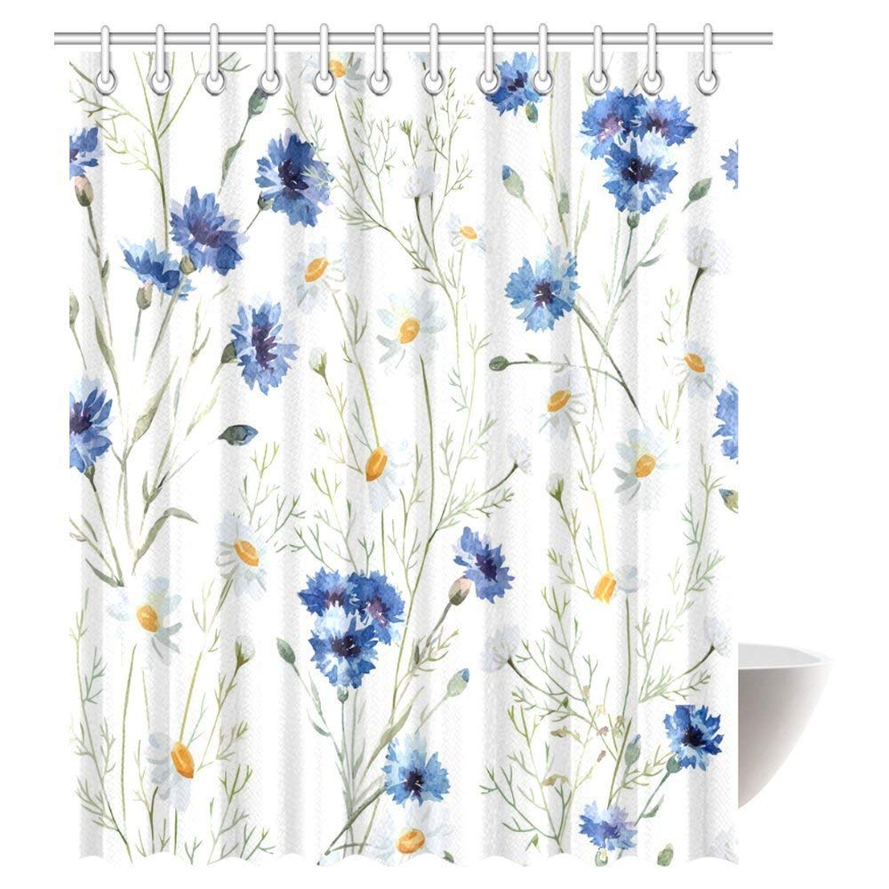 Watercolor Flower Decor Shower Curtain, Wildflowers Cornflowers Daisies Blooms and Buds Fabric Bathroom Shower Curtain Set with Hooks