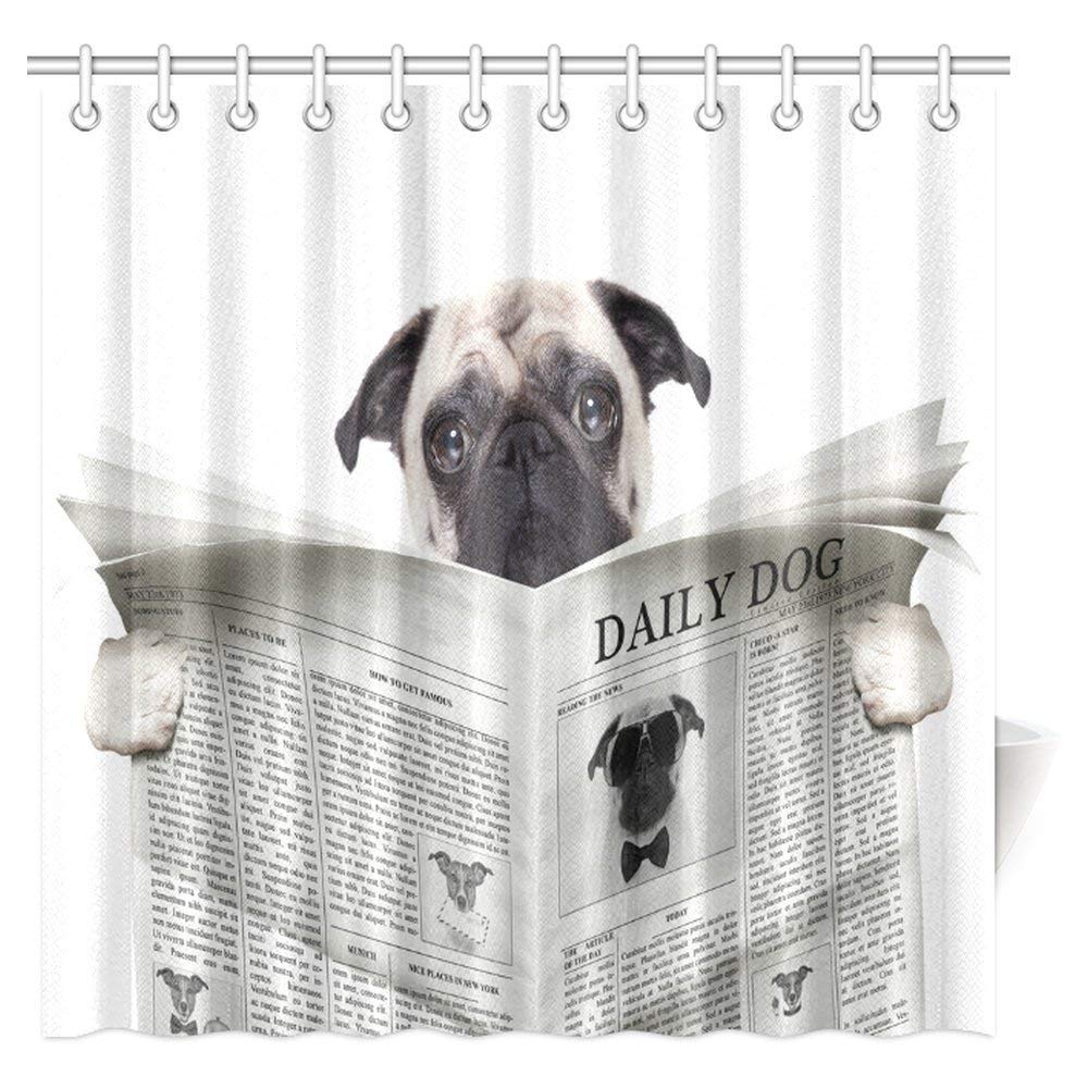 Dog Lover Decor Shower Curtain, Hipster Funny Pug Dog Looking Daily Dog Newspaper Fabric Bathroom Set with Hooks, 72 X 72 Inches