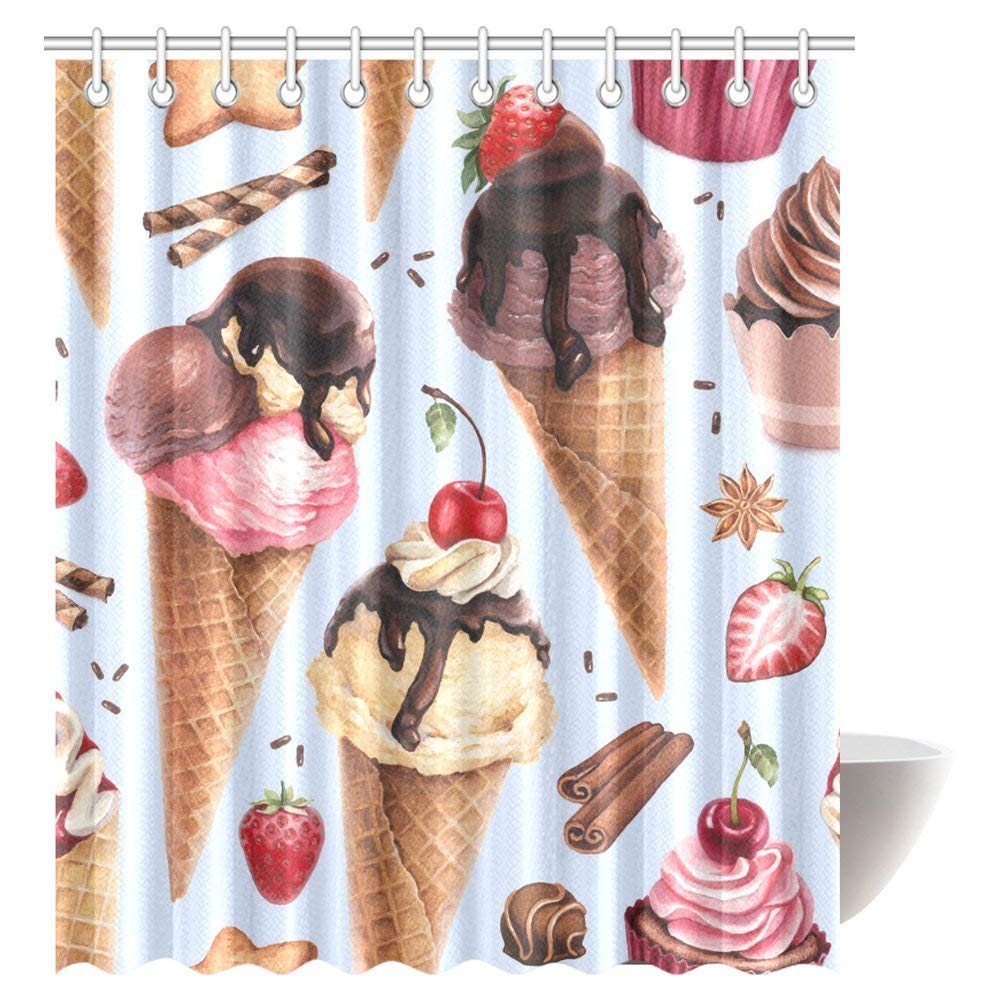 Food Decor Shower Curtain, Cute Print of Ice Cream Cones and Fruit Milk Dessert for Kids Sequal Artwork Fabric Bathroom Shower Curtain