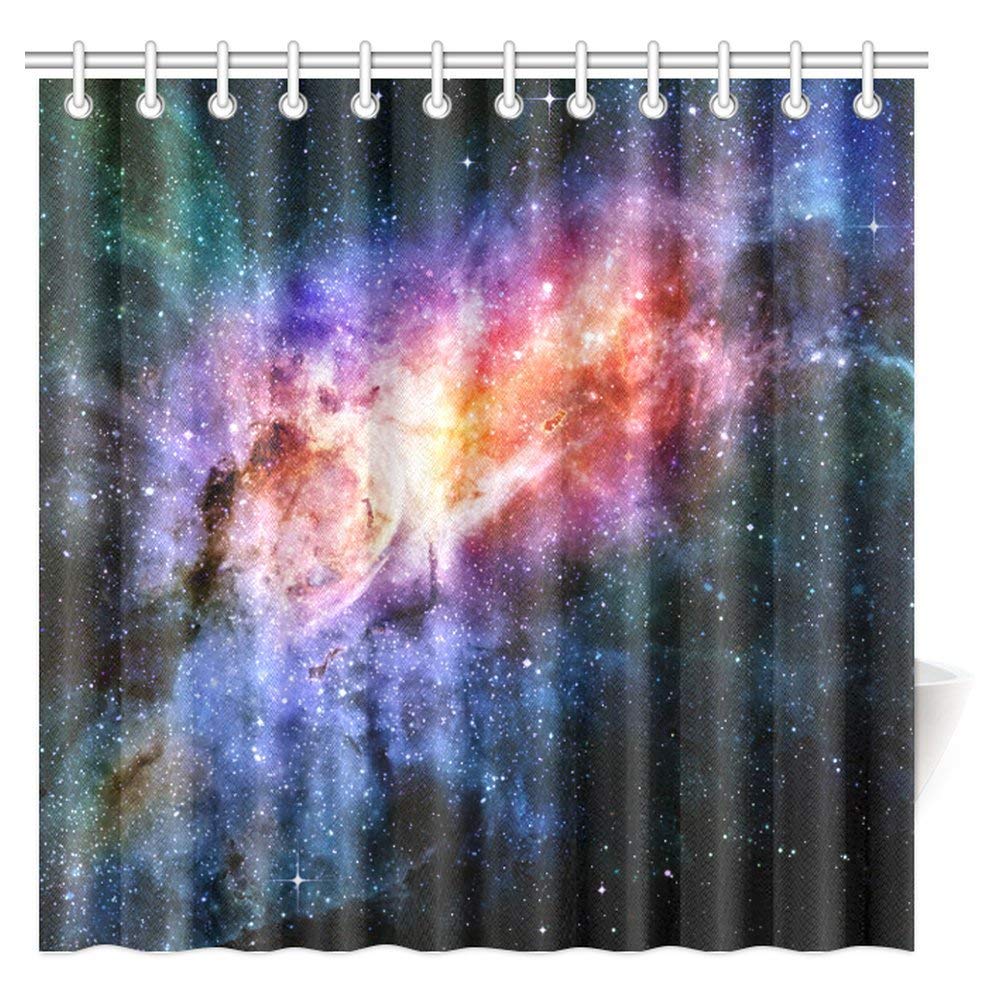 Space Decorations Collection, Starry Deep Outer Space Nebula And Galaxy In The Universe Celestial Print Design Polyester Fabric Bathroom Curtain Set, Navy Orange Purple