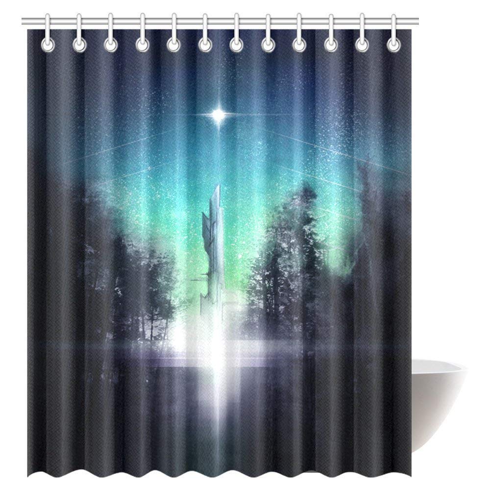 Spacecraft Taking Off Towards Distant Stars in Forest Bathroom Shower Curtain Set with Hooks