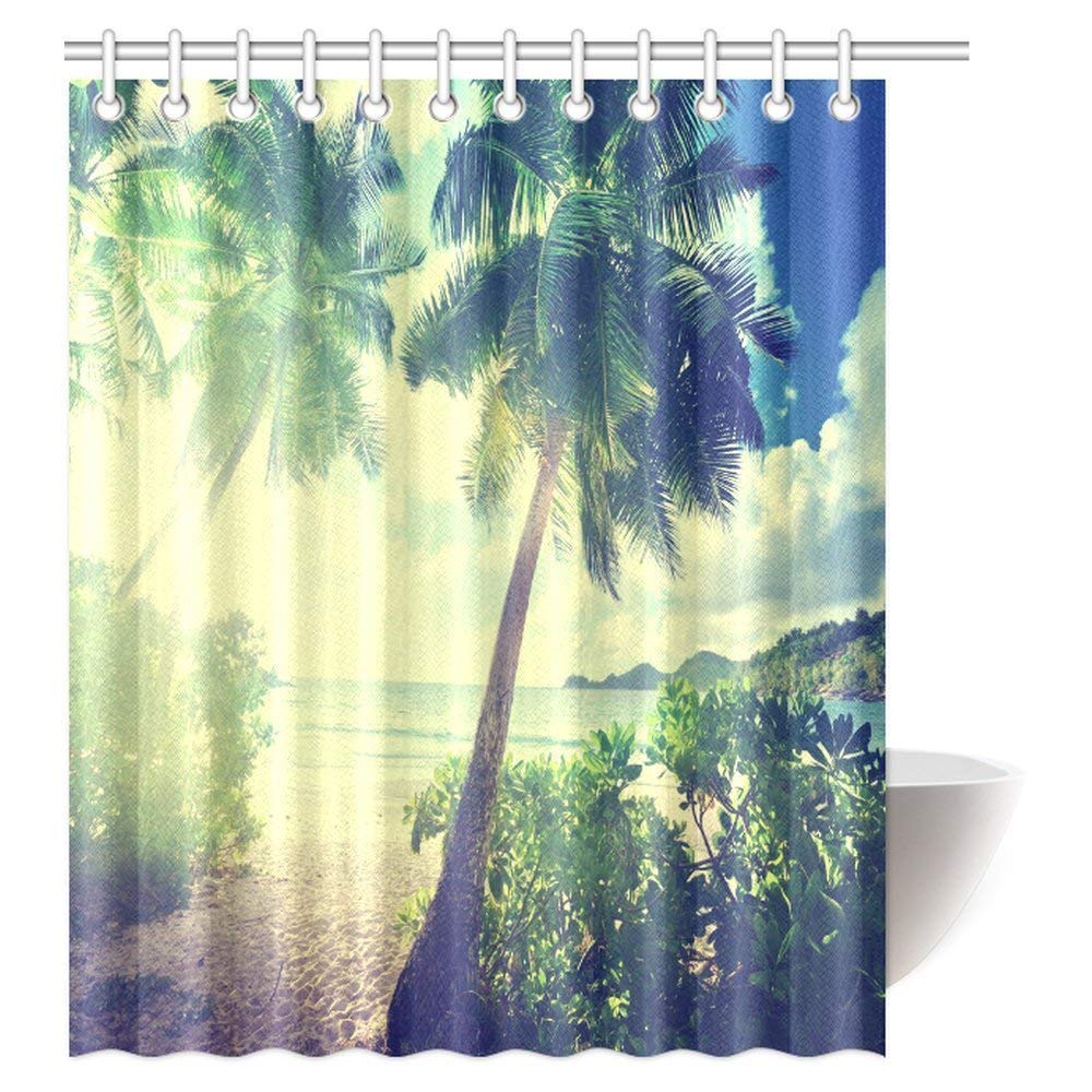 Ocean Beach Decor Collection, Sunset over the Sea with the Palms on the Beach Decorative Bathroom Shower Curtain Set with Hooks