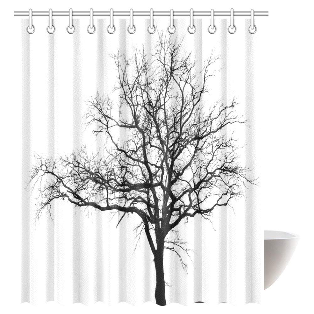 Lonely Tree Black and White Branches Decorations Art Decor Design, Tree of Life Waterproof Polyester Fabric Bathroom Shower Curtain with Hooks, 72 X 84 Inches