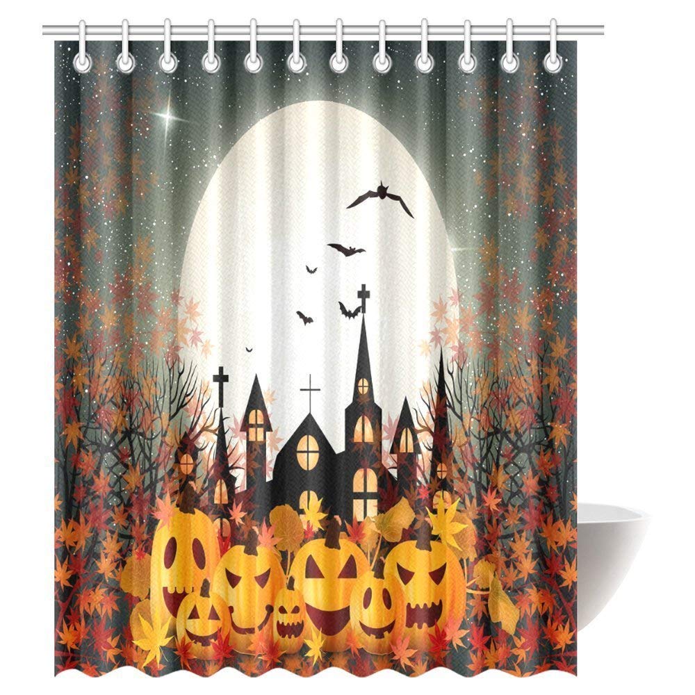 Halloween Decorations Collection, Medieval Haunted House with Garden Full of Pumpkins and Dark Clouds Night Print Bathroom Set with Hooks