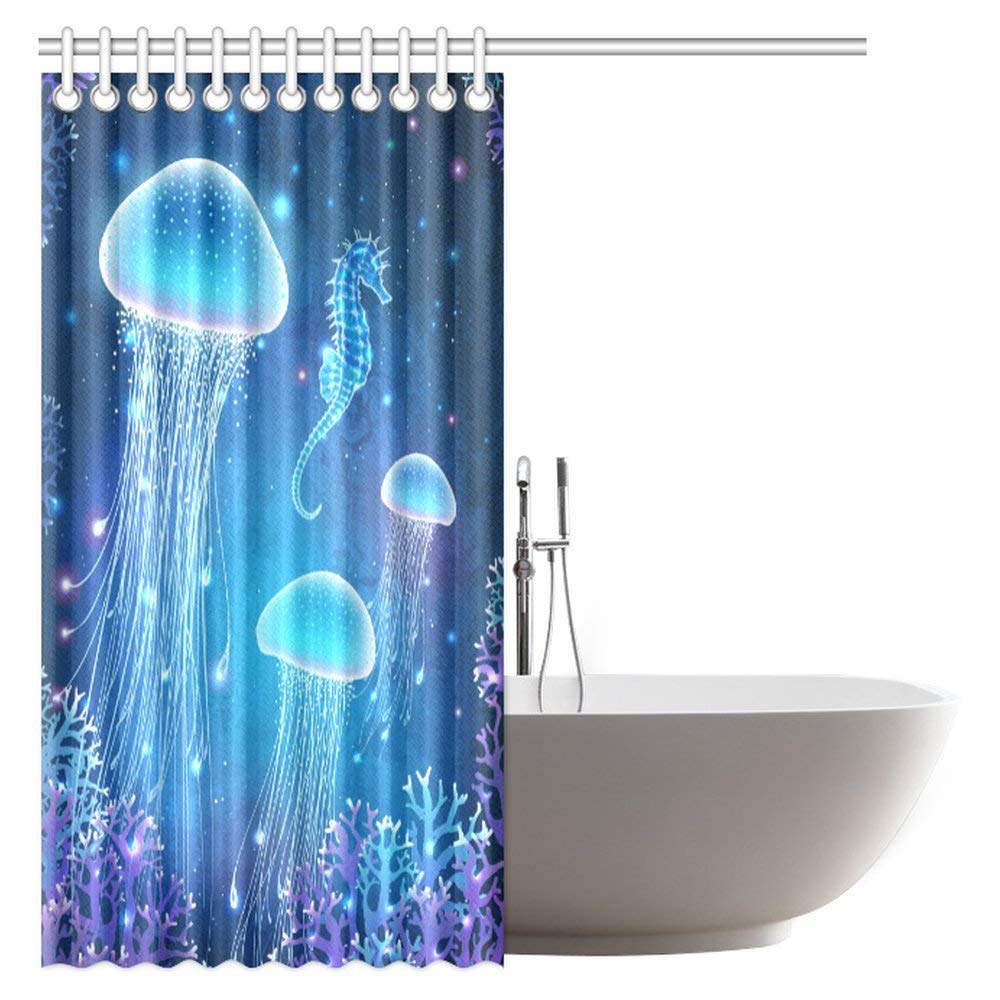 Nautical Decor Shower Curtain, Magic Glowing Jellyfish Ocean Underwater Life Fabric Bathroom Decor Shower Curtain Set with Hooks