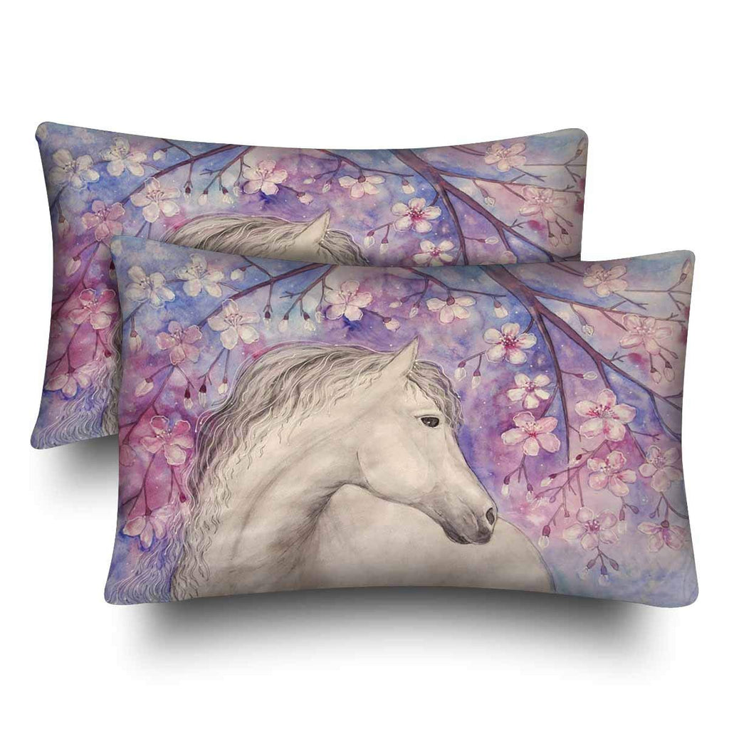 Hand Drawn White Horse under Sakura Floral Blossom Tree Pillow Cases Pillowcase Queen Size 20x30 Set of 2