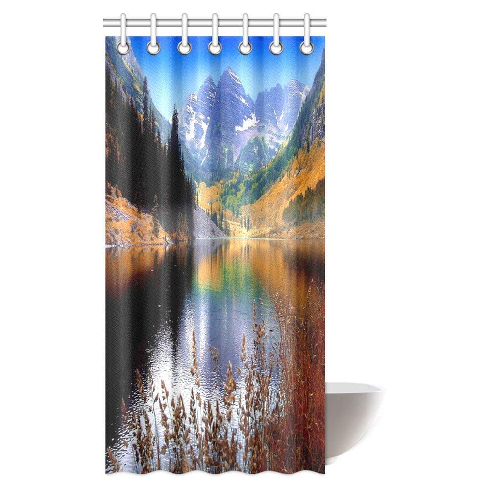 Lake House Decor Collection Shower Curtain, Serenity of Mountain Lake Small Forest Scene Art Bathroom Decor Set with Hooks