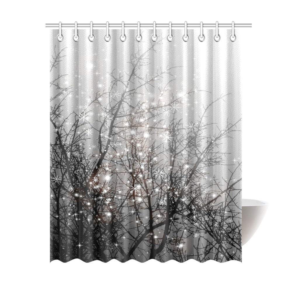 Fashion Mystical Magical Tree Home Decor, Beautiful Black Tree Branch with Snowflake Polyester Fabric Shower Curtain With Hooks Black Grey