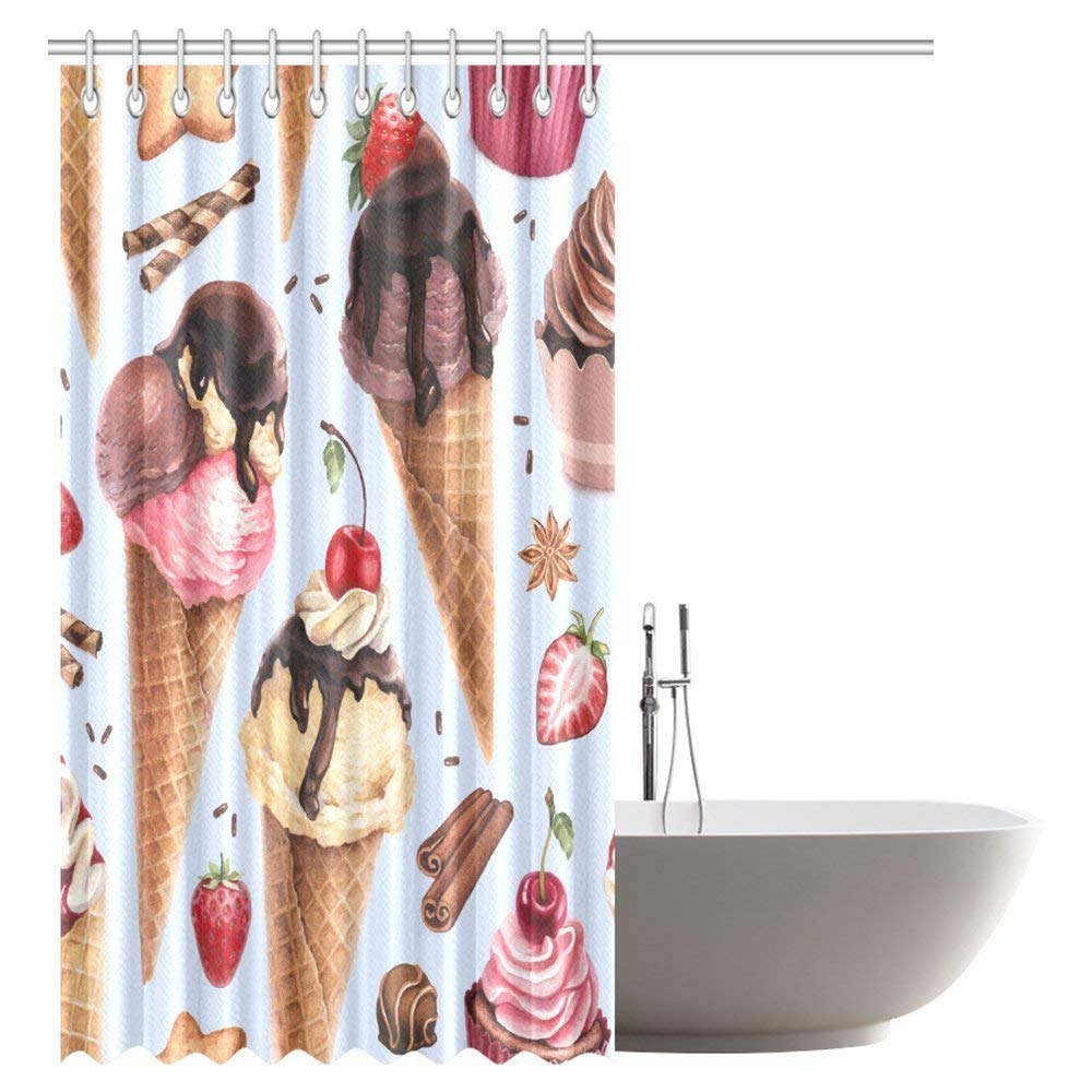 Food Decor Shower Curtain, Cute Print of Ice Cream Cones and Fruit Milk Dessert for Kids Sequal Artwork Fabric Bathroom Shower Curtain