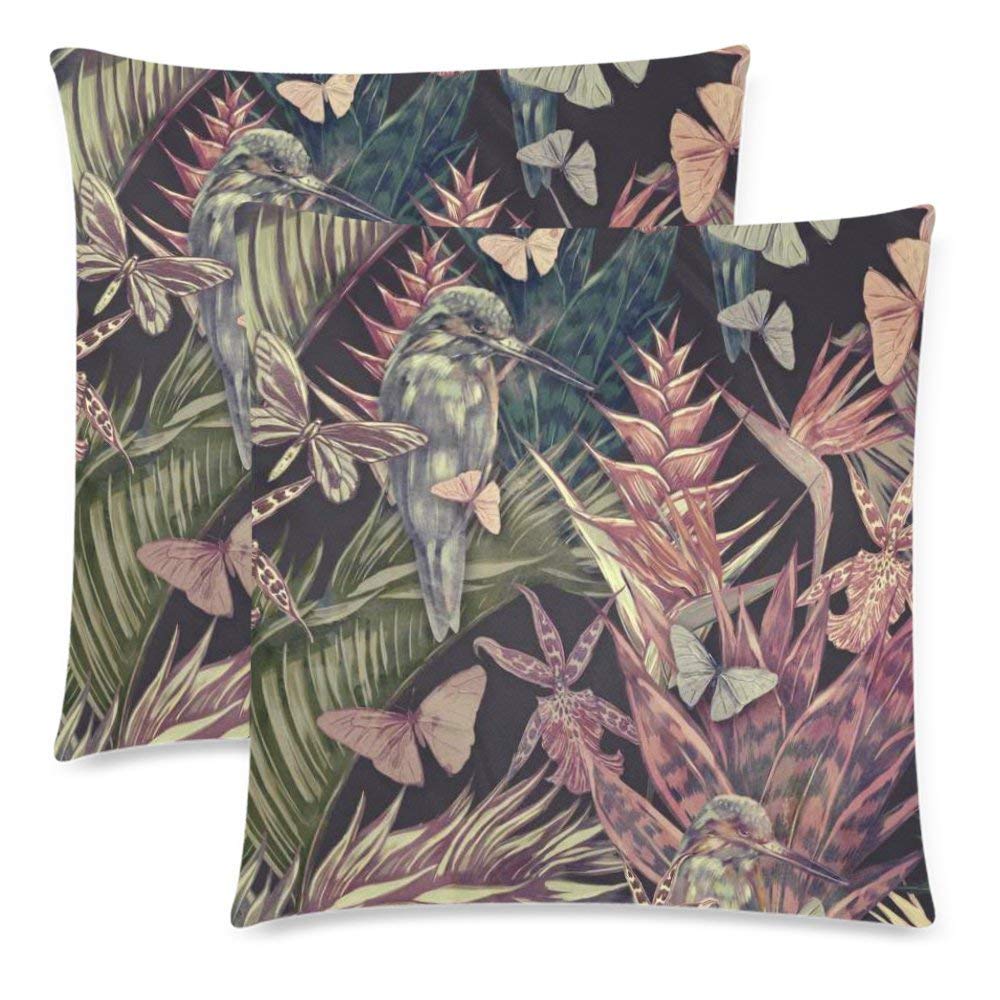 Bird Pillowcase Protector 18x18 Twin Sides, Vintage Tropical Leaves Zippered Pillow Case Covers Decorative, Set of 2