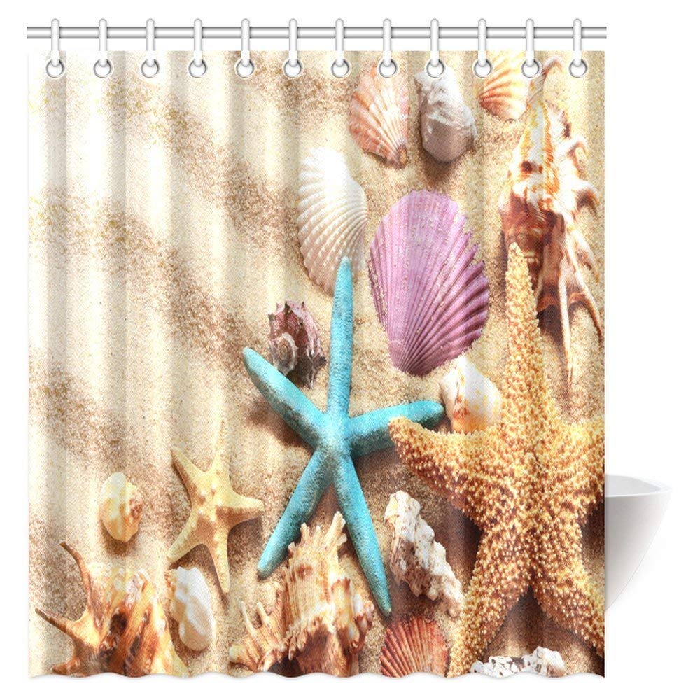 Starfish and Seashells on the Beach with Blue Sky Shower Curtain Bathroom Decor with Hooks