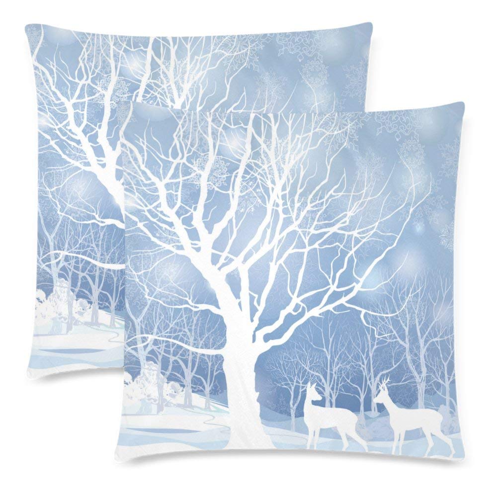 Custom 2 Pack Christmas Snow Winter Landscape with Deer 18x18 Cushion Pillow Case Cover Twin Sides, Abstract Winter Forest Cotton Zippered Throw Pillowcase Protector Set Decorative