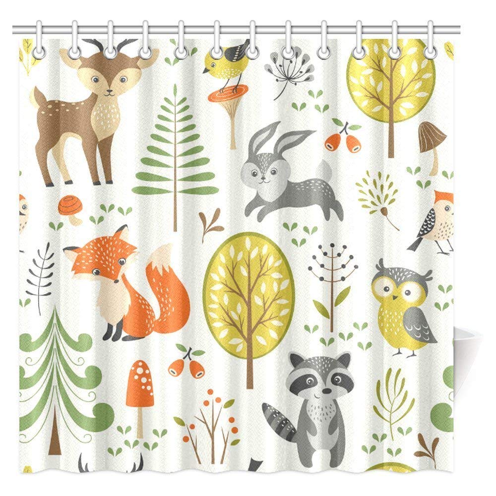 Summer Forest Pattern with Cute Woodland Animals, Trees, Mushrooms and Berries Shower Curtain Bathroom Decor with Hooks