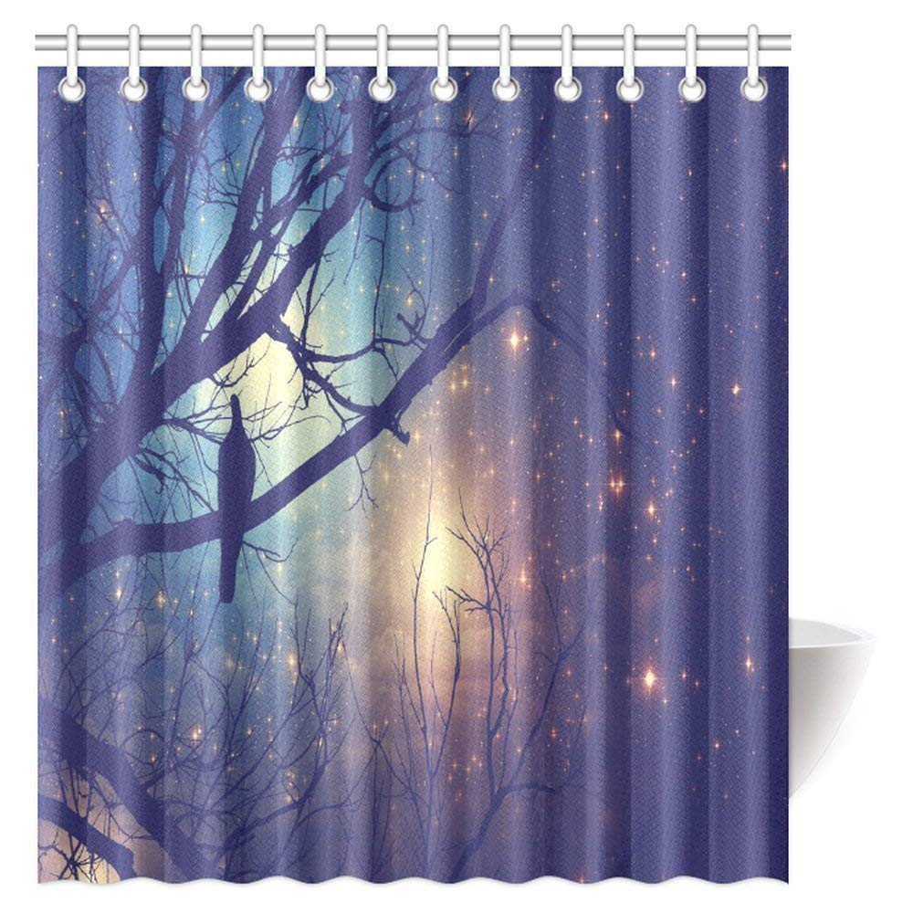 Galaxy Stars Decor Shower Curtain, Forest with Mysterious Trees and Birds Fabric Bathroom Set with Hooks