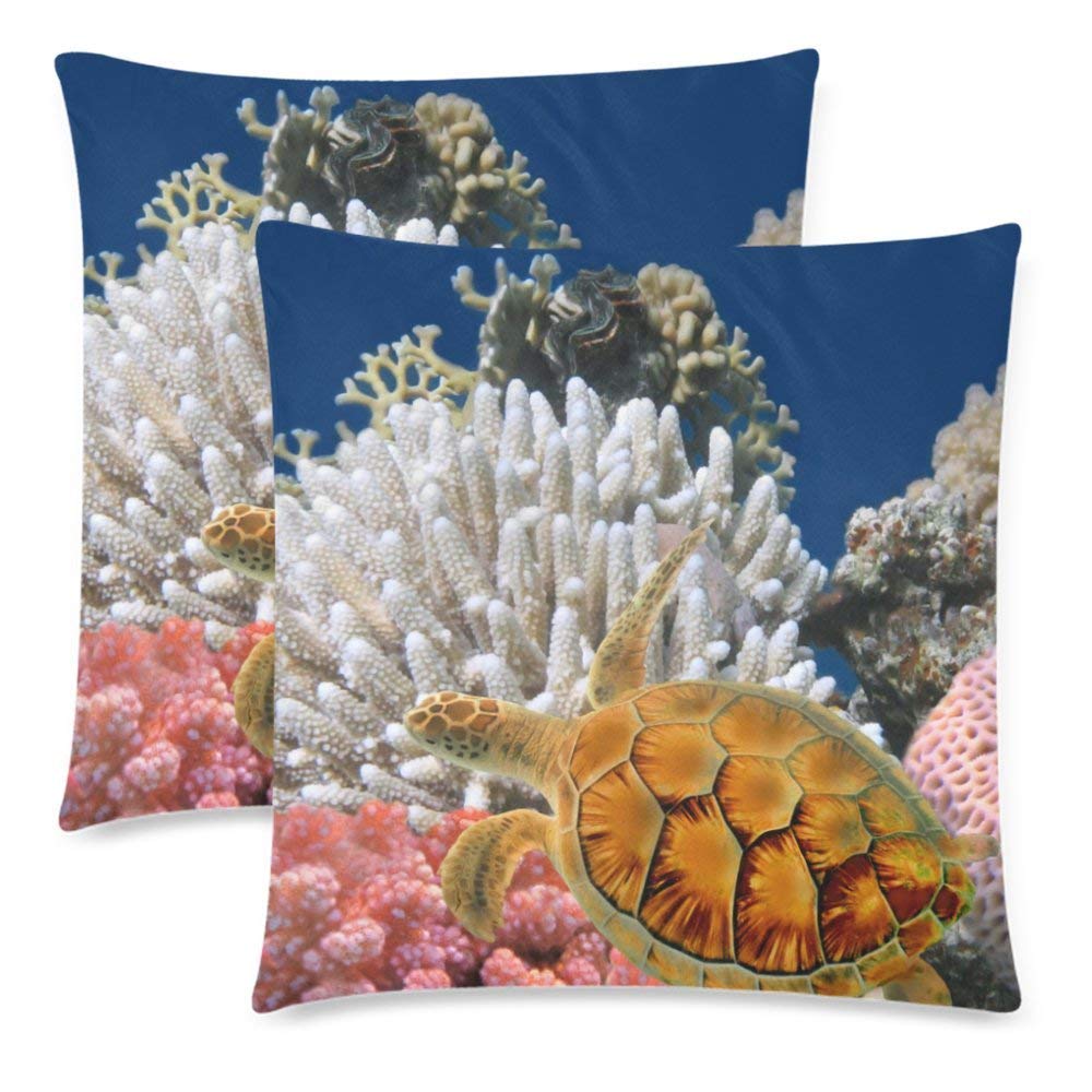 Underwater World Pillowcase Protector 18x18 Twin Sides, Ocean Sea Animal Turtle Zippered Pillow Case Covers Decorative, Set of 2