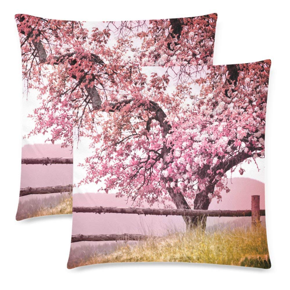 Custom 2 Pack Spring Flower Sakura Throw Pillow Case Covers 18x18 Twin Sides, Cherry Blossom Tree over Nature Cotton Zippered Cushion Pillowcase Set Decorative