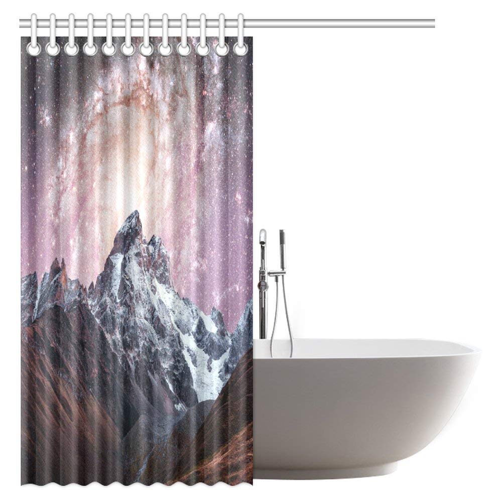 Snow-capped Peaks Shower Curtain, Fantastic Starry Sky Mountains Fabric Bathroom Shower Curtain