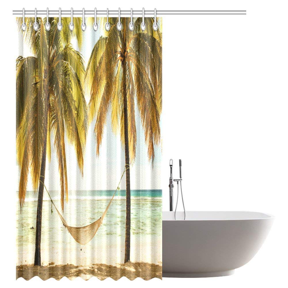 Beach Hammock Decor Shower Curtain, Seascape Hammock Palm Trees on Shore Tropical Beach Sunset Fabric Bathroom Shower Curtain Set with Hooks