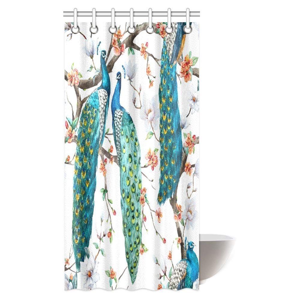 Peacock Lover Shower Curtain, Peacock on Blooming Cherry Trees, White Magnolia Flowers and Sakura Bathroom Shower Curtain