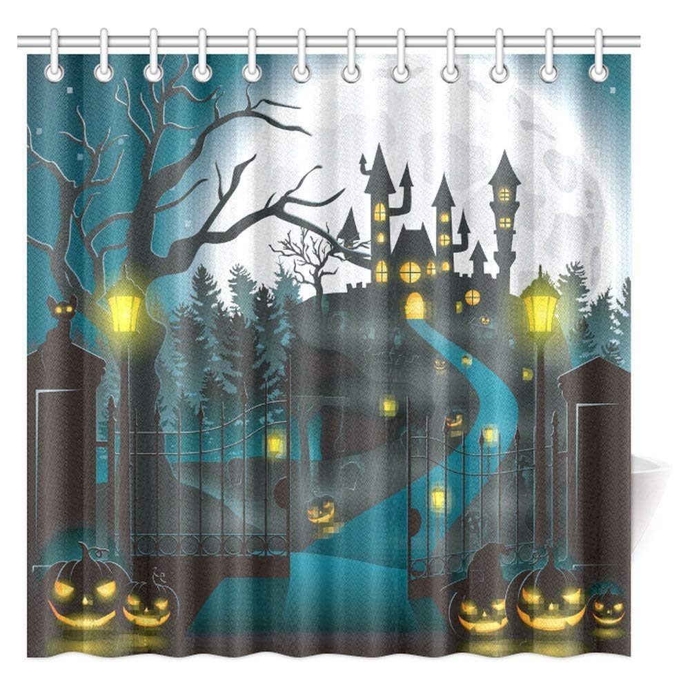 Halloween Decor Shower Curtain, Cartoon Halloween With Castle And Pumpkin Fabric Bathroom Shower Curtain With Hooks