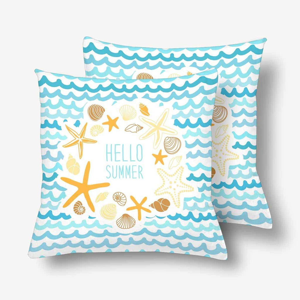 Cute Vintage Shells Starfish Hello Summer Throw Pillow Covers 18x18 Set of 2, Pillow Cushion Cases Pillowcase for Home Couch Sofa Bedding Decorative