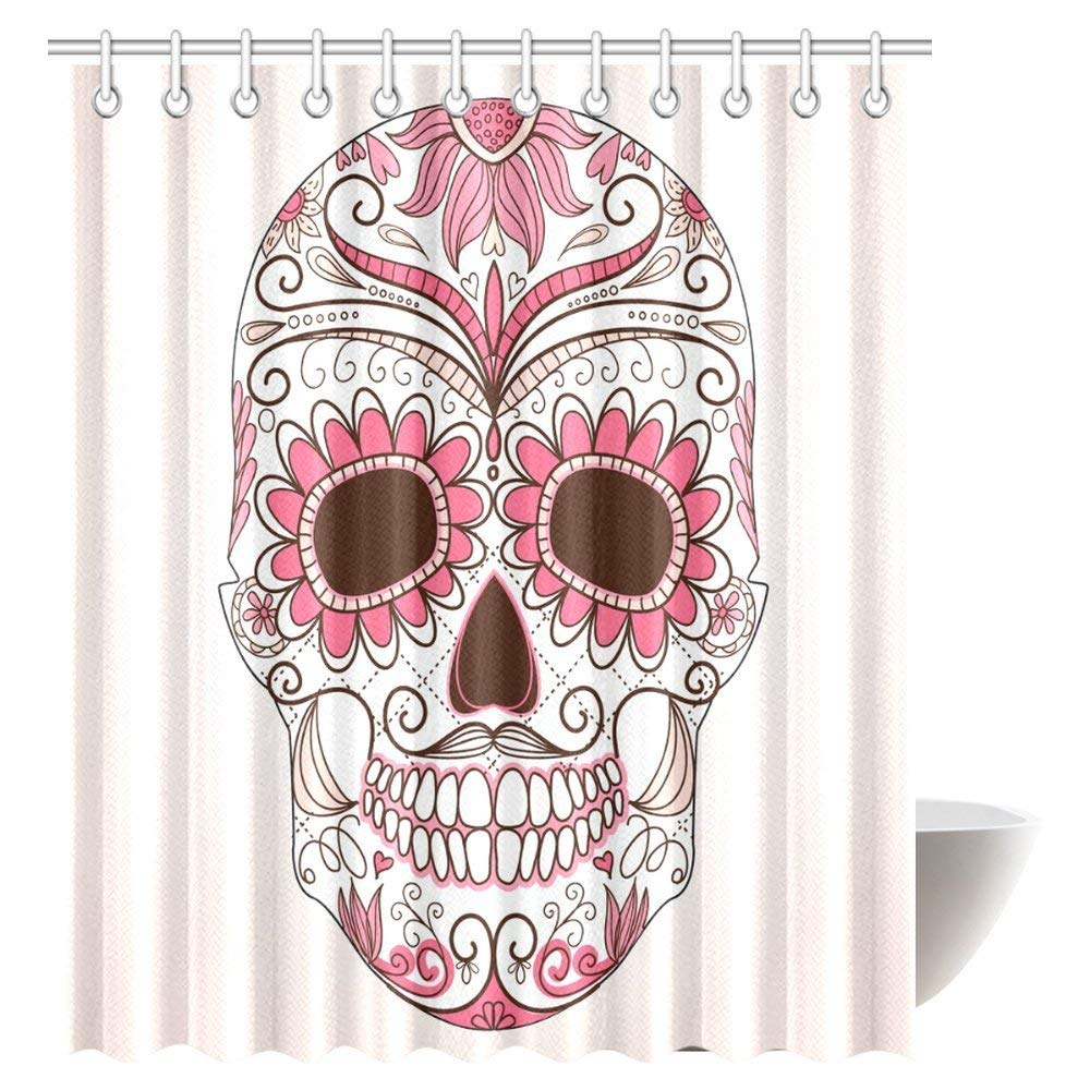 Skulls Decorations Shower Curtain, Girly Colors Skull with Floral Ornamental Design Fabric Bathroom Set with Hooks