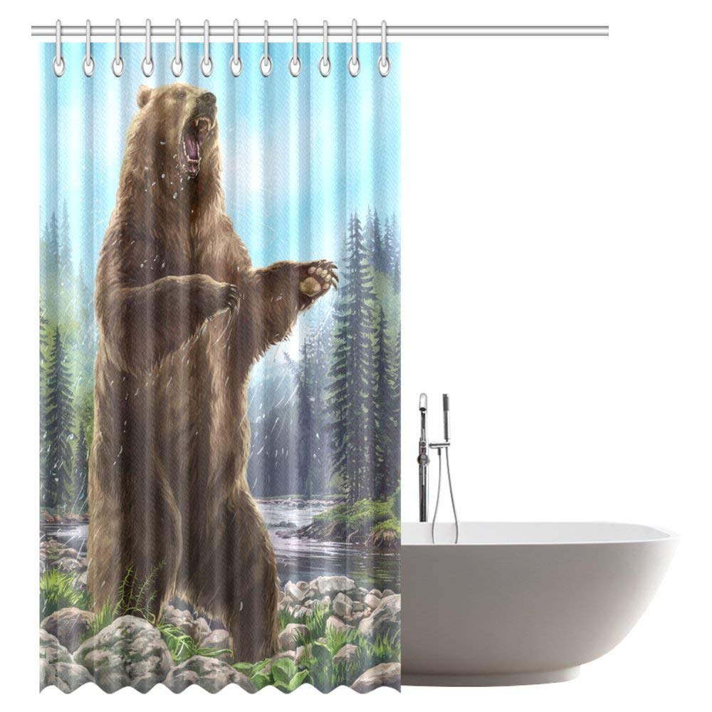 Funny Animal Shower Curtain, Hipster Aggressive Bear Wild Animal in the Forest Decor Bathroom Shower Curtain Set with Hooks