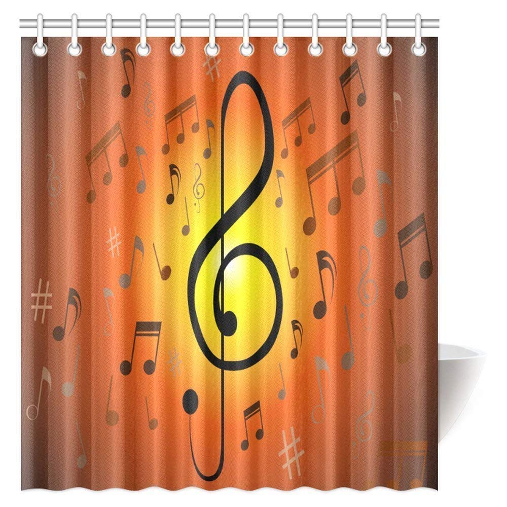 Music Shower Curtain Decor Collection, Music with G-Clef Key Instrument Creative Rhythmic Ornate Image Pattern Bathroom Decor Set with Hooks