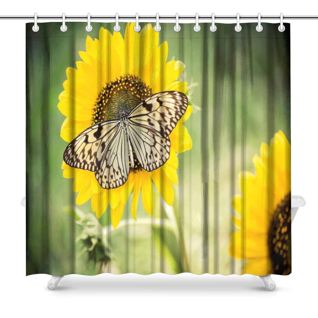 Butterfly on Spring Sunflower Art Digital Print Polyester Fabric Shower Curtain