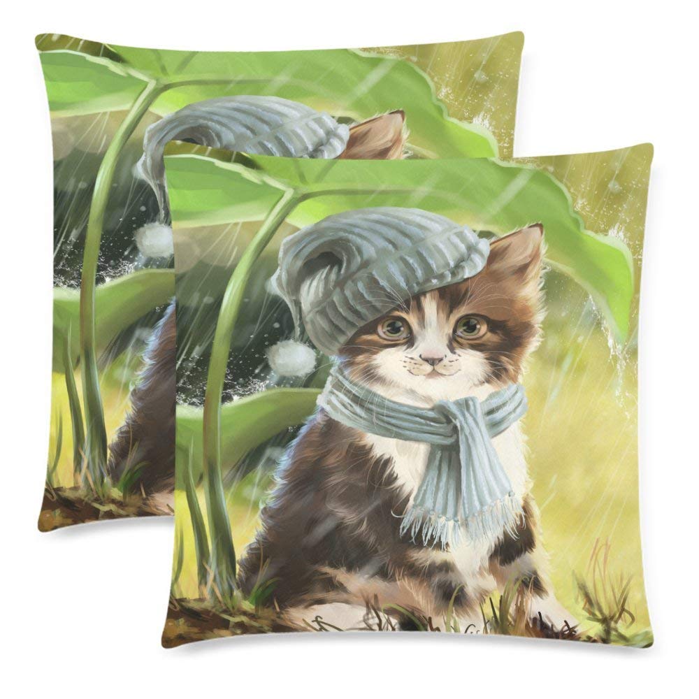 Custom 2 Pack Funny Cat Decor Painting Pillowcase 18x18 Twin Sides, Rainy Lotus Leaf Cotton Zippered Throw Cushion Pillow Case Covers Set Decorative