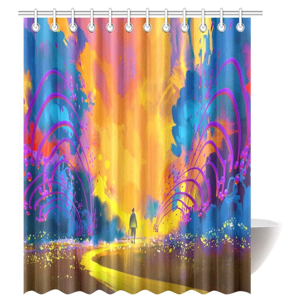 Abstract Home Shower Curtain, Man Walking to Abstract Colorful Landscape Fabric Bathroom Shower Curtain