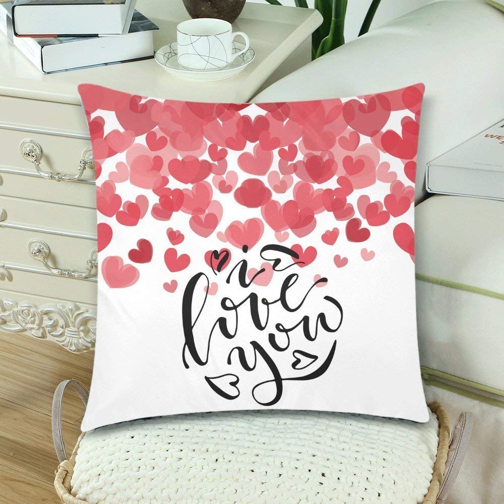 Custom I Love You Happy Valentines Day Gift 18x18 Pillow Cover Cushion Case, Red Love Heart Romantic Quote Cotton Zippered Throw Pillowcase Protector Decorative, Set of 2