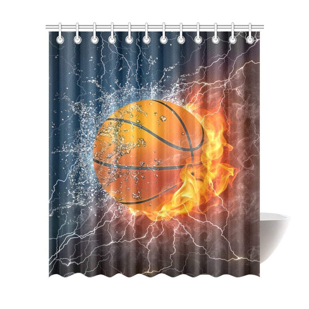 Basketball Ball on Fire and Water Flame Splashing Thunder Lightning Polyester Fabric Bathroom Shower Curtain Bathroom Sets 72 X 84 Inches