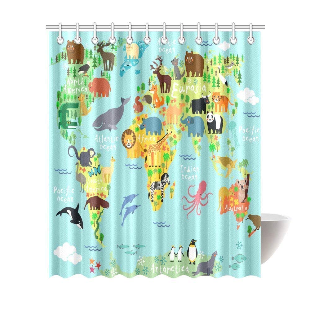 Children Kids Shower Curtain Decor, Animal Map of the World for Children and Kids Cartoon Ocean Mountains Forests Fabric Bathroom Set with Hooks,  Green Yellow Blue