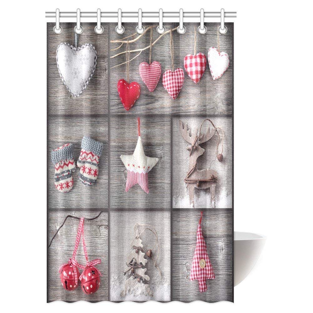 Christmas Decorations Shower Curtain, Collage of Christmas Photos Over Vintage Grey Wood Fabric Bathroom Shower Curtain