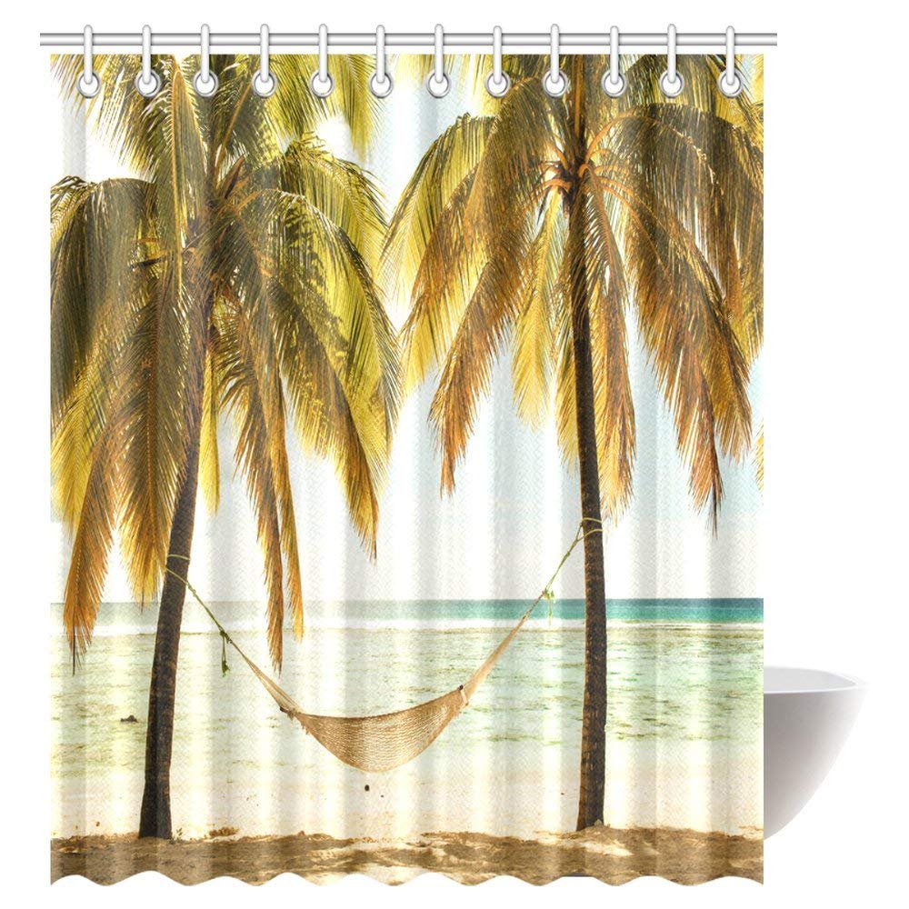 Beach Hammock Decor Shower Curtain, Seascape Hammock Palm Trees on Shore Tropical Beach Sunset Fabric Bathroom Shower Curtain Set with Hooks