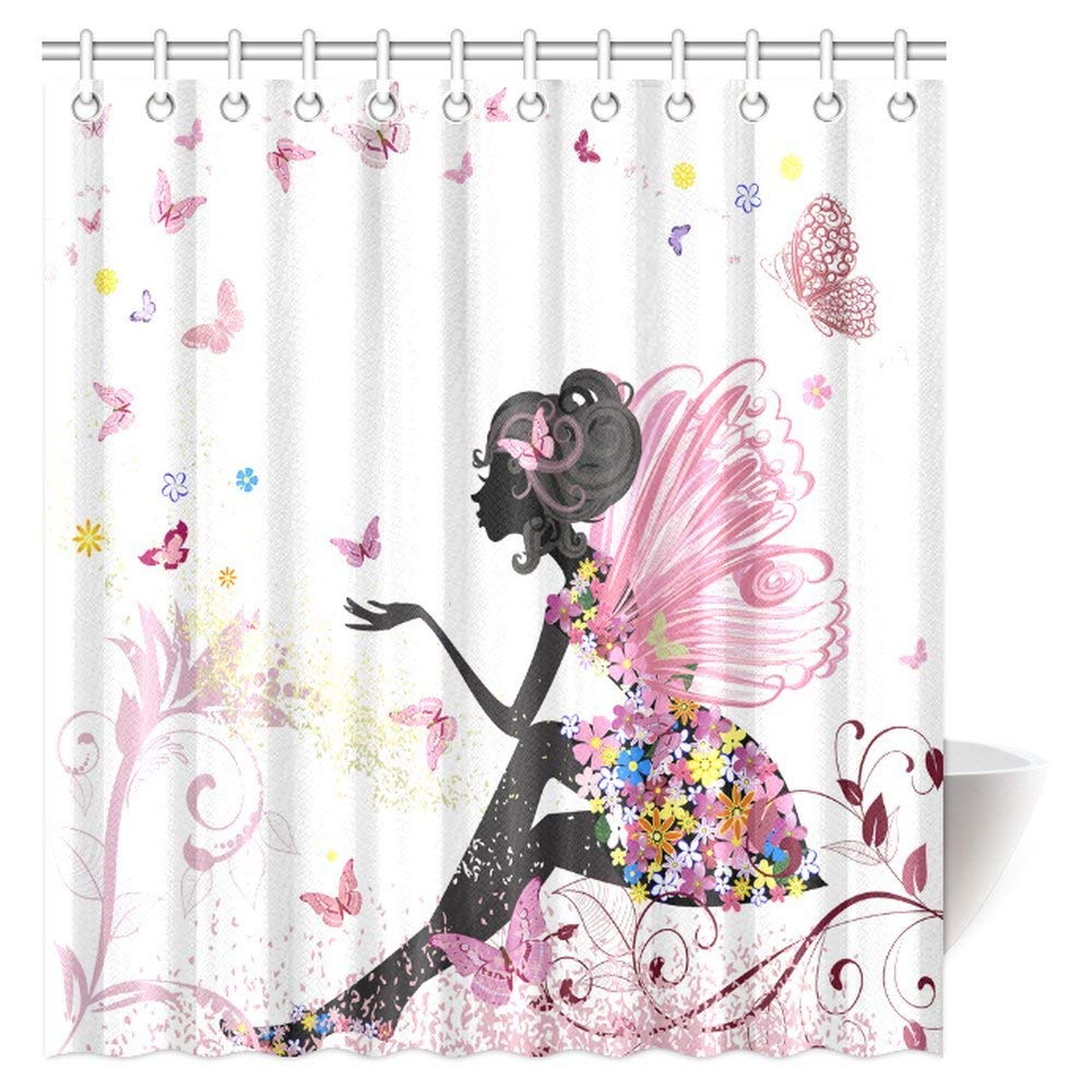 Pink Butterfly Girl with Floral Dress Flower Design Fairy Angel Wings Fae Home Accent Soft Colors Modern Designer Feminine Dreamy Folklore Fabric Shower Curtain 66 X 72 Inches