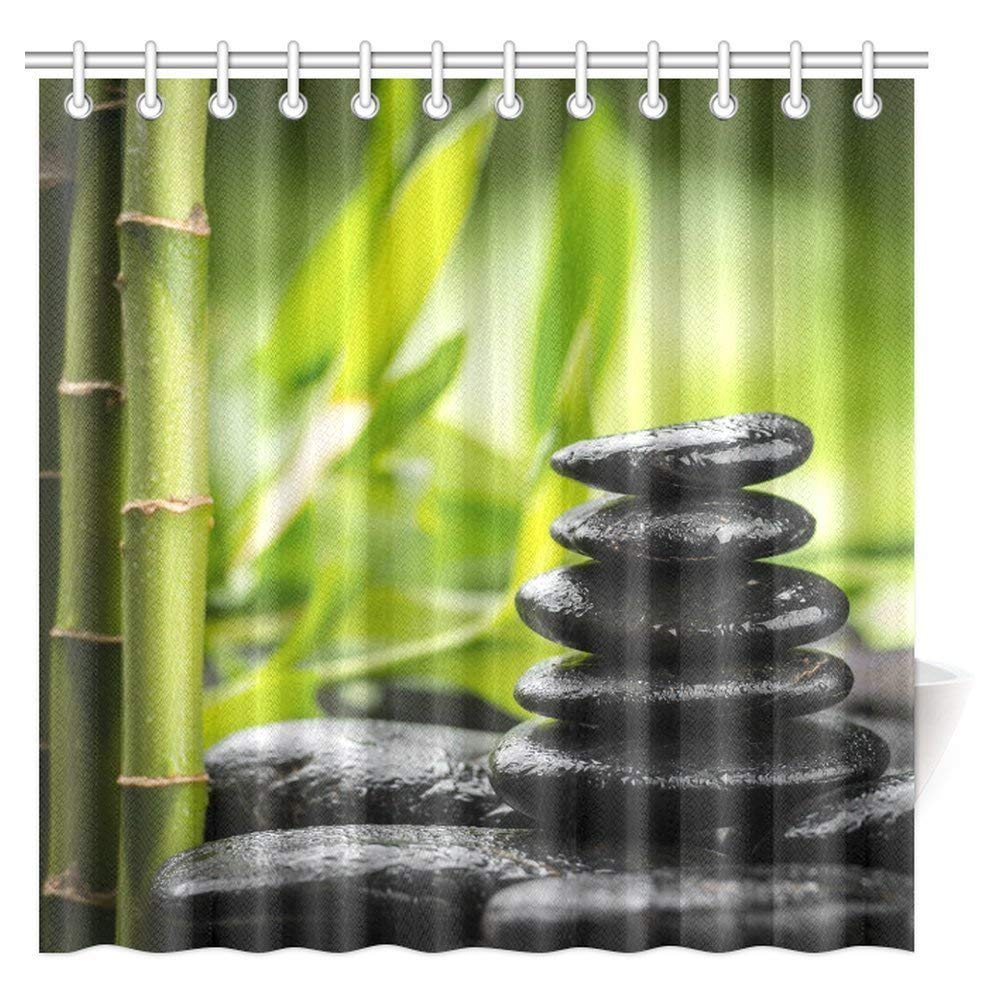 Bamboos Spa Decor Shower Curtain, Japanese Therapy and Relaxation Stones Design Fabric Bathroom Shower Curtain with Hooks