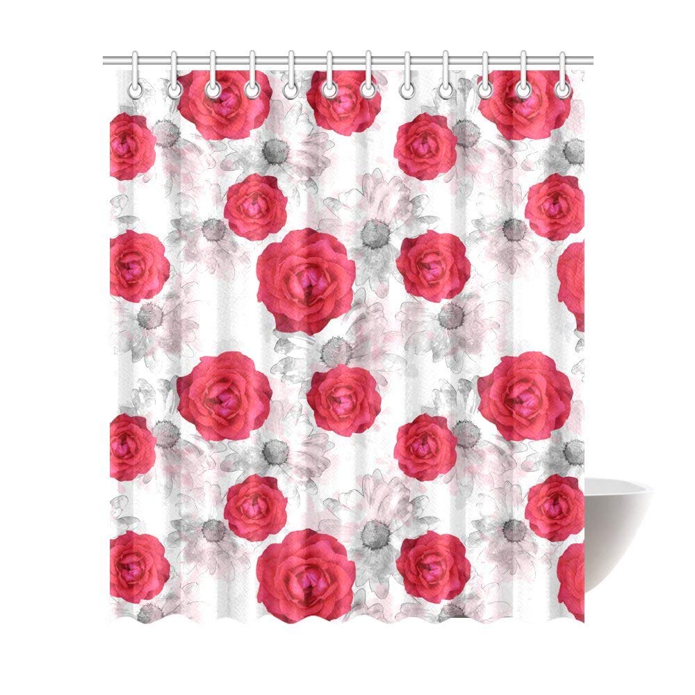 Antique Watercolor Floral Red Roses Flowers Home Decor Waterproof Polyester Fabric Shower Curtain Bathroom Sets with Hooks,