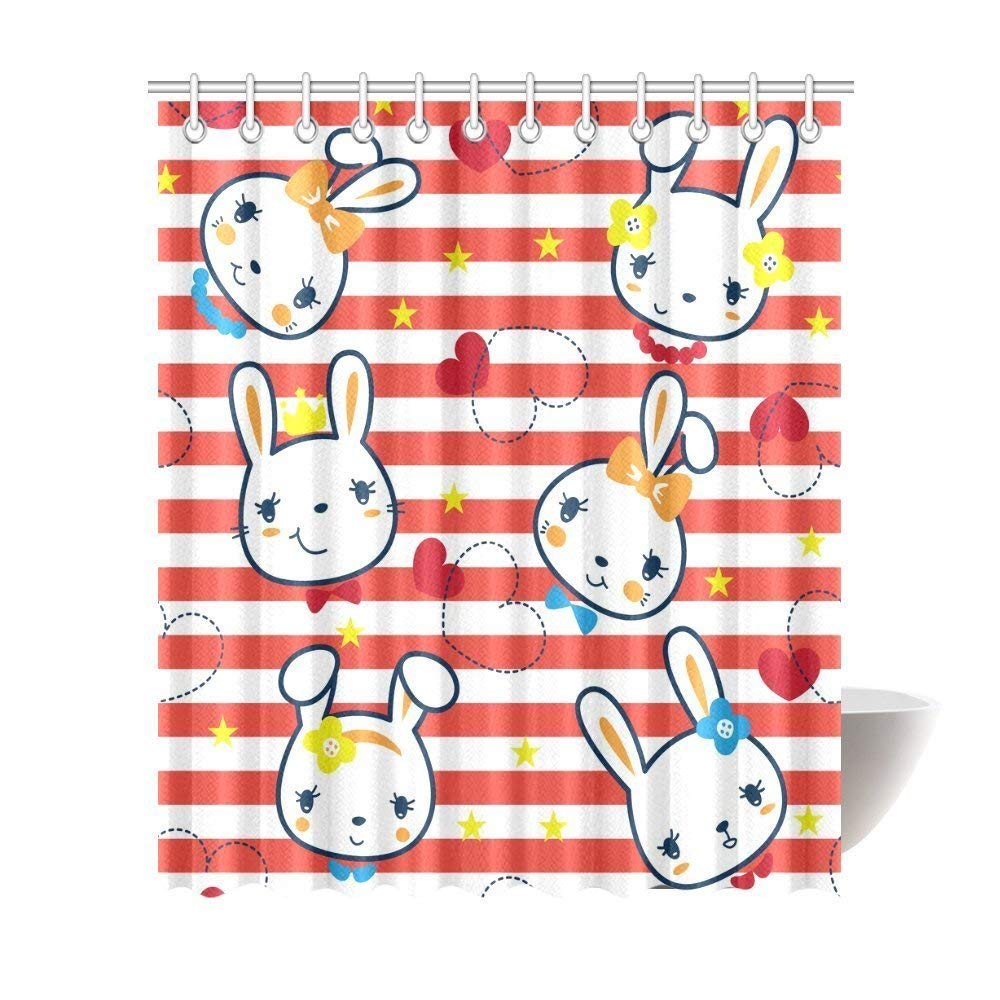 Kids Decor Shower Curtain, Cartoon Cute Little Rabbit Girl Bathroom Shower Curtain Set with Hooks